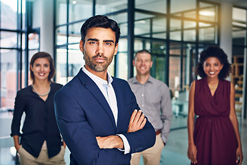 Image showing Diversity, leadership and business people smile portrait for success, teamwork support and company vision in office. Interracial employees, corporate team and management or leadership motivation