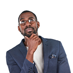 Image showing Businessman, thinking or curious facial expression on isolated white background with vision, glasses or innovation. Creative designer, worker or employee with ideas, strategy planning or wondering