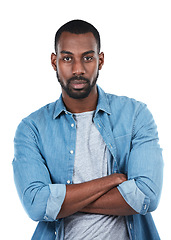 Image showing Portrait of black man with confidence, serious and isolated on white background in denim shirt. Casual fashion, trendy startup owner and person in creative space at startup and boss face in studio.