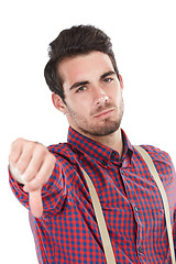 Image showing Sad, fail and portrait of a man with a thumbs down for no isolated on a white background in a studio. Angry, frustrated and person with a hand gesture for a problem or recommendation on a backdrop