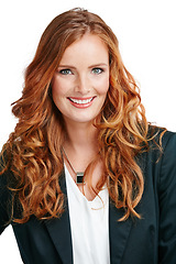 Image showing Woman, happy and ceo success portrait for business motivation, positive mindset and happiness isolated in white background. Corporate ginger female, happy entrepreneur and leadership vision in studio