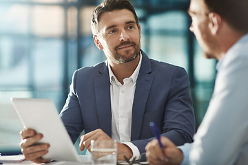 Image showing Tablet, teamwork and business people in meeting in office workplace. Collaboration, digital technology and men or workers with touchscreen planning sales, analysis or strategy in company