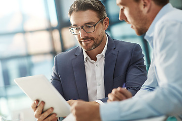 Image showing Meeting, teamwork and business people with tablet in office workplace. Collaboration, technology and men or employees with touchscreen planning sales, marketing or advertising strategy in company.