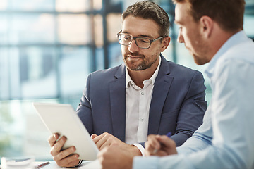 Image showing Tablet, meeting and teamwork of business people in office discussion. Collaboration, technology and men or employees with touchscreen planning sales, marketing or advertising strategy in company.