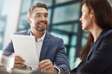 Image showing Tablet, teamwork and business people meeting in office workplace. Collaboration, technology and man, woman or employees with touchscreen planning sales strategy or researching finance plan in company