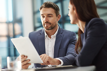 Image showing Teamwork, tablet and business people in office talking in company workplace. Collaboration, technology and woman, man or employees with touchscreen planning sales, marketing or advertising strategy.