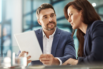 Image showing Tablet, meeting and teamwork of business people in office workplace. Collaboration, technology and man, woman or workers with touchscreen planning sales, analysis or strategy in company.