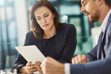 Image showing Teamwork, tablet and meeting of business people in office workplace. Collaboration, technology or man, woman or employees with touchscreen planning sales, analysis or strategy in company