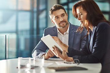 Image showing Tablet, teamwork meeting and business people in office workplace. Collaboration, technology and man, woman or employees with touchscreen planning sales, research or financial strategy in company.