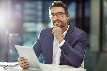 Image showing Portrait, tablet and business man in office workplace, researching or working. Face, technology and male employee from Canada holding digital touchscreen for networking, internet browsing or email.