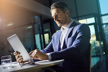 Image showing Business, tablet search and accounting ceo financial worker working with web finance analytics. Office, senior investment employee and boss planning digital strategy for fintech stock market company