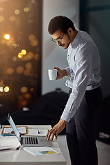 Image showing Laptop, night coffee and businessman reading feedback review of financial portfolio, stock market or investment. Online economy research, bokeh and crypto trader trading nft, forex or bitcoin mining