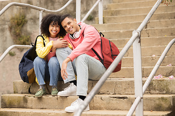 Image showing Portrait, education and stairs with student black couple sitting outdoor together on university campus. Love, learning and college with a man and woman bonding on steps while relaxing outside