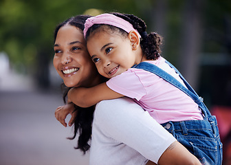 Image showing Mom, girl child and happy with piggyback ride in urban park, street and outdoor for love, bonding and care. Family, mother and daughter with smile, riding back or happiness on vacation, relax or walk