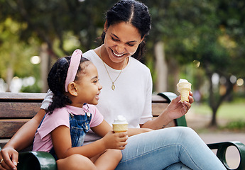 Image showing Summer, park and ice cream with a mother and daughter bonding together while sitting on a bench outdoor in nature. Black family, children and garden with a woman and girl enjoying a sweet snack