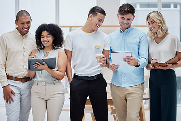 Image showing Creative business people, teamwork and collaboration in team building with smile together for startup at a office. Happy employee workers smiling in happiness for group training, planning or schedule