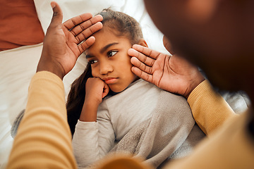 Image showing Sick, girl and father checking high temperature with hands on ill kid or daughter lying on a bed feeling sad. Concern, care and parent in bedroom with worried child with flu, cold or fever