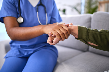 Image showing Closeup, doctor holding patient hand and support with diagnosis, test results and healthcare. Medical professional, woman and nurse with female hands, hope and help with terminal disease and illness