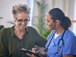 Image showing Healthcare, retirement and clipboard with a nurse and woman in consultation over treatment in a home. Medical, insurance and documents with a female medicine professional taking to a mature patient