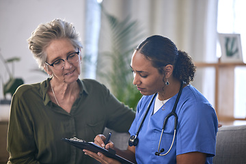 Image showing Medical, retirement and clipboard with a nurse and woman in consultation over treatment in a home. Healthcare, insurance and documents with a female medicine professional taking to a mature patient