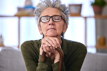 Image showing Senior woman, thinking and hands on walking stick for disability, support and old age in retirement. Healthcare, memories and elderly lady with wood cane for arthritis, osteoporosis and medical help