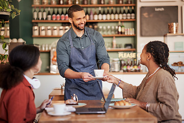 Image showing Cafe, service and business people in meeting with laptop for planning, working and discussion. Waiter, coffee shop and coffee for businessperson in business meeting with colleague, happy and cheerful