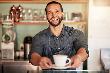 Image showing Coffee, cafe and portrait of barista with cup in small business. Restaurant, cappuccino and waiter, man and hands of server holding fresh and delicious mug of caffeine or espresso in shop or store.