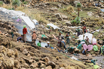 Image showing Ethiopian women wash clothes, Simien Mountain Ethiopia