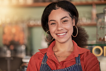 Image showing Face portrait, cafe waiter and black woman ready to take orders. Coffee shop, barista and confident, happy and proud young female employee from Brazil, worker or small business owner of cafeteria.