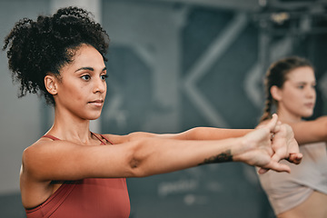 Image showing Fitness, stretching and friends with women in gym for training, workout and exercise. Teamwork, health and personal trainer with girl and muscle warm up for wellness, sports and progress goals