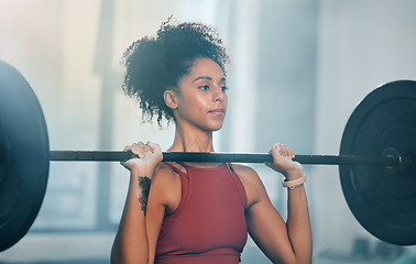 Image showing Gym, barbell workout and black woman doing muscle fitness performance, strength training or bodybuilding. Strong exercise girl, body health or bodybuilder weightlifting for athlete wellness lifestyle