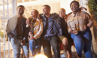 Image showing Happy people, diversity or bonding in city night, street or road for beer party, New Year or birthday celebration. Smile, friends or men with laughing women in social gathering or restaurant drinks