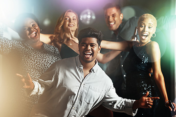 Image showing Happy people, diversity or dancing portrait on dance floor in party, nightclub event or bokeh disco for birthday celebration. Smile, dancer or bonding friends in social gathering, concert or festival