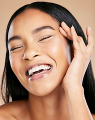 Image showing Beauty, skincare and black woman isolated on studio background, happy with her minimal face makeup. Smile of a young model or beautiful person with cosmetics, aesthetic dermatology and facial results