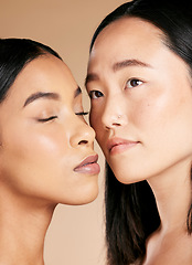 Image showing People, cosmetic and diversity of women faces with skincare glow due to skin self care. Beauty, dermatology and spa treatment for friends or models isolated against a brown studio background