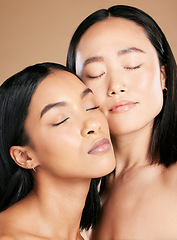 Image showing Women, beauty and faces with skincare glow for diversity of skin and cosmetic self care. Facial, dermatology and spa treatment for friends or models isolated against a brown studio background