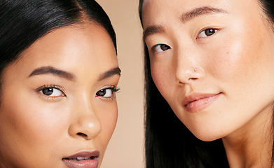 Image showing Diversity women, beauty and skincare portrait in studio for dermatology, makeup and cosmetics. Asian and black person together for foundation skin glow, spa facial and eyes of friends for wellness