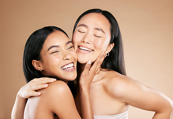 Image showing Diversity, skincare or women smile with beauty or natural glow relaxing while isolated on studio background. Happy, faces or beautiful girl models with dermatology cosmetics or facial products