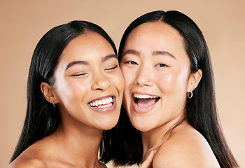 Image showing Face, skin and diversity with model woman friends closeup in studio on a beige background. Skincare, facial or cosmetics with an attractive young female and friend posing to promote a beauty product