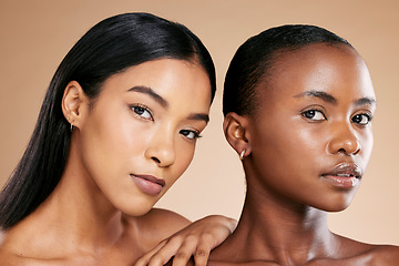 Image showing Skincare, beauty and face portrait of women friends in studio for dermatology, makeup and cosmetics. Asian and black person together for skin glow, spa facial and body wellness with luxury shine