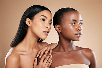 Image showing Skincare, beauty women and friends in studio for dermatology, makeup and cosmetics. Black people together for model skin inclusion, spa facial and face glow for wellness on a brown background