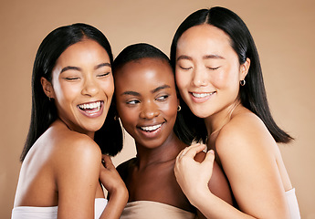 Image showing Skincare, beauty and diversity, happy women with smile and eyes closed on studio background. Health, wellness and luxury cosmetics, healthy skin care and beautiful, friendly people in natural makeup