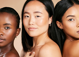 Image showing Diversity, women and skincare, portrait of beauty models empowerment and focus on studio background. Health, wellness and luxury cosmetics, healthy skin care and beautiful people with natural makeup.