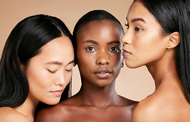 Image showing Beauty, creative portrait of multicultural women and skincare salon on studio background. Health, wellness and diversity, luxury cosmetics for healthy skin care and beautiful people in natural makeup