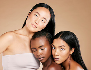 Image showing Portrait, skincare or women with beauty, diversity or natural glow relaxing while isolated on studio background. Support, faces or beautiful girl models with dermatology cosmetics or facial products