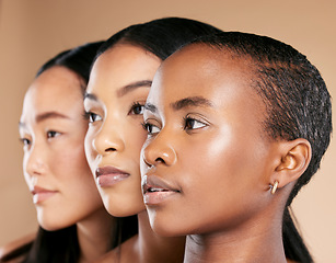 Image showing Diversity, beauty and women, face zoom with profile, skincare makeup and natural cosmetics isolated on studio background. Cosmetic glow, different skin color and wellness, dermatology and facial