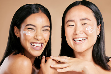 Image showing Woman, skincare and portrait of face cream product in studio for wellness and skin on isolated brown background. Diversity, mask and friends relax for beauty, sunscreen and lotion, luxury and pamper