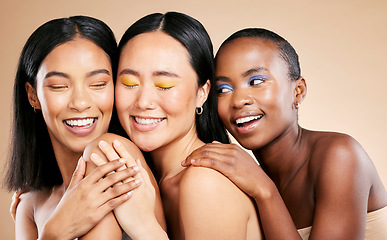 Image showing Women, makeup and face skincare wellness, cosmetics dermatology and closed eyes in brown background studio. Young model support, diversity happiness and luxury spa treatment for natural glowing skin