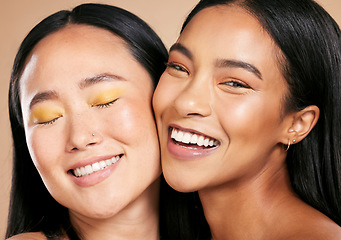 Image showing Makeup, happy and women face portrait with skincare glow for diversity of skin and cosmetic self care. Smiling, dermatology and spa treatment for friends or models isolated against studio background