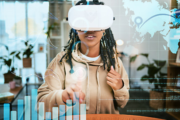 Image showing Virtual reality, global data woman gesture for vr elearning, globalization education or future learning innovation. Knowledge metaverse, data overlay and black student study with ai augmented reality